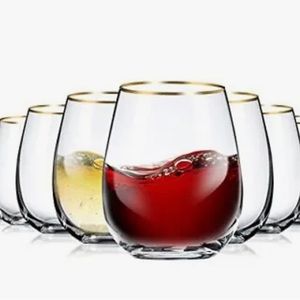 Mimorou Stemless Wine Glasses with Gold Rim 
Set of 8 15 oz Wine Glasses